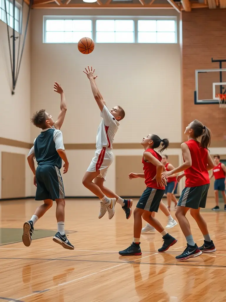 An action shot of students playing basketball in the school gymnasium, emphasizing agility and coordination.