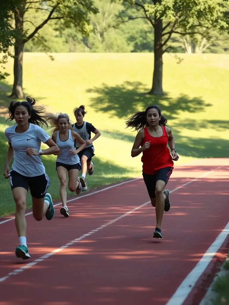 A group of students running track and field, emphasizing speed, endurance, and athletic achievement.