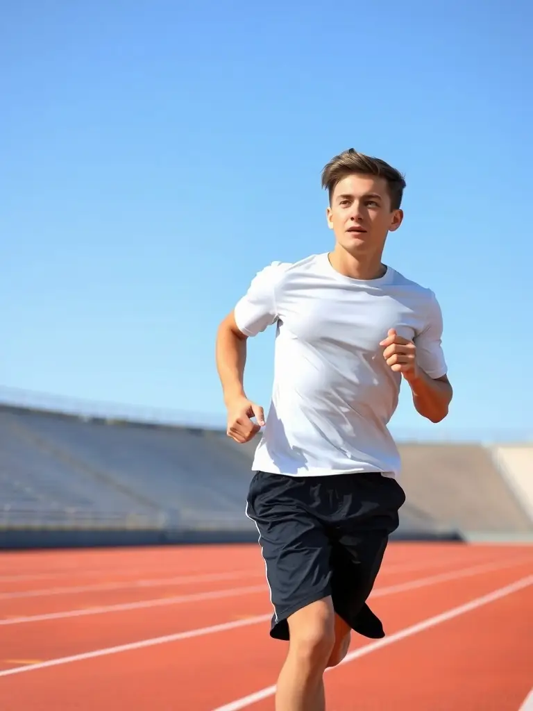 A student athlete smiling confidently while running track, demonstrating the personal growth and achievement fostered by the ASSOCIATION SPORTIVE DU LYCEE JEAN GUEHENNO.