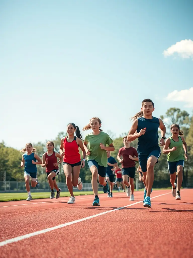 Students running track and field events, highlighting individual performance and endurance.
