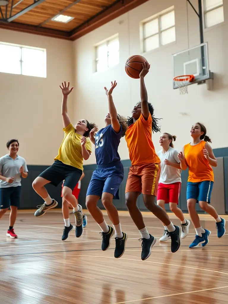 A high-action shot of students playing basketball in the school gymnasium, showcasing teamwork and energy.