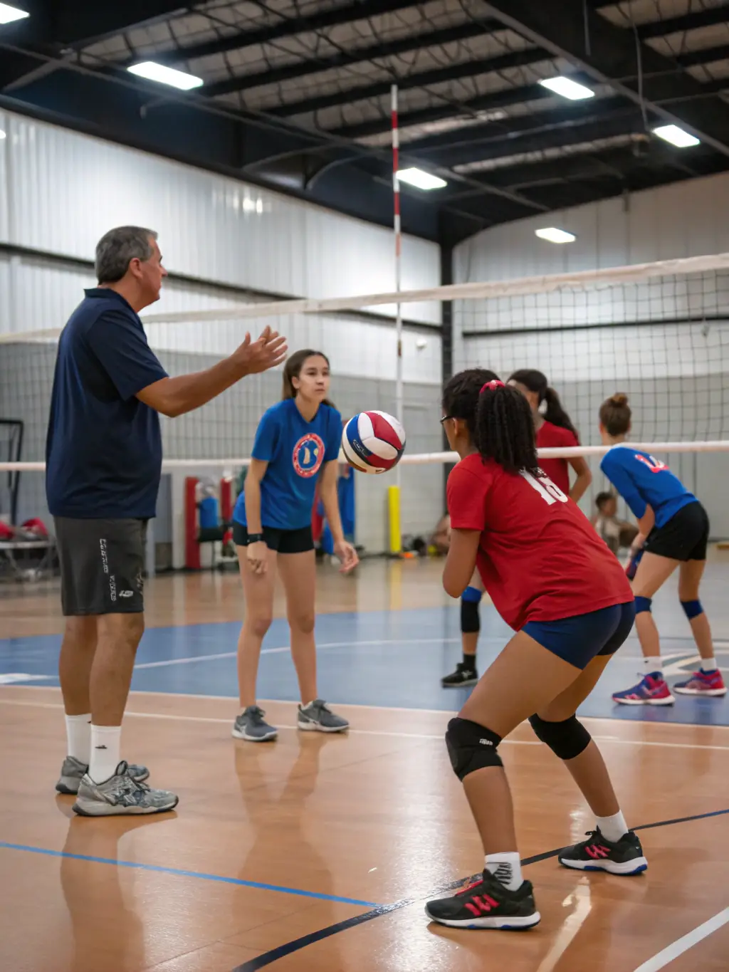 A group of students participating in a volleyball match, demonstrating communication and collaboration.