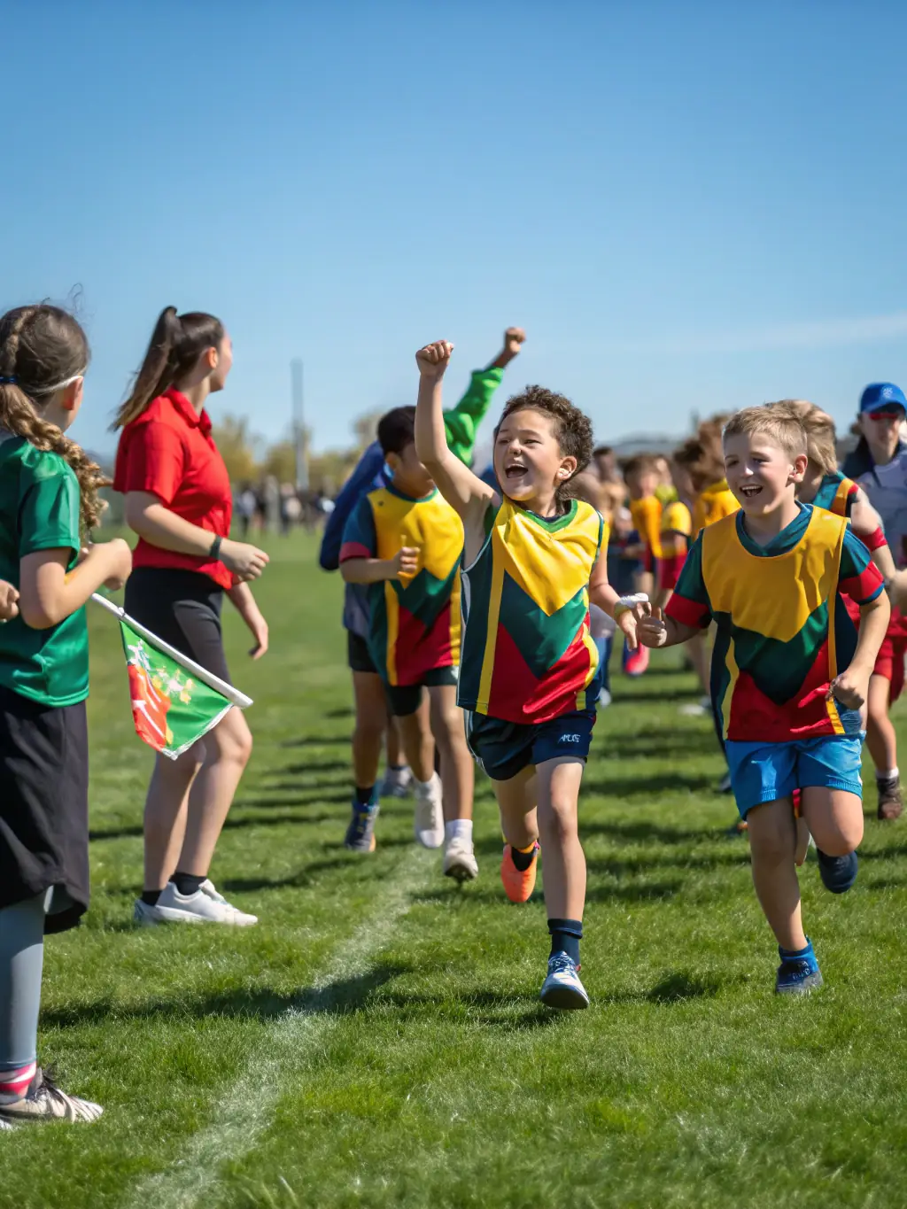 A dynamic image of students playing football on a sunny field, showcasing teamwork and sportsmanship.