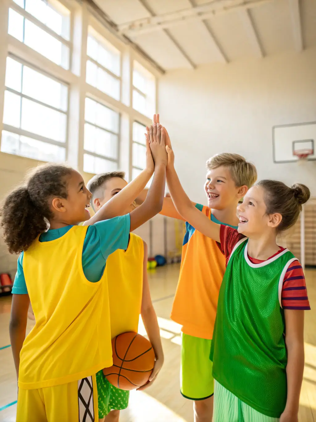 A group of students laughing and high-fiving after a basketball game, showcasing teamwork and camaraderie within ASSOCIATION SPORTIVE DU LYCEE JEAN GUEHENNO.