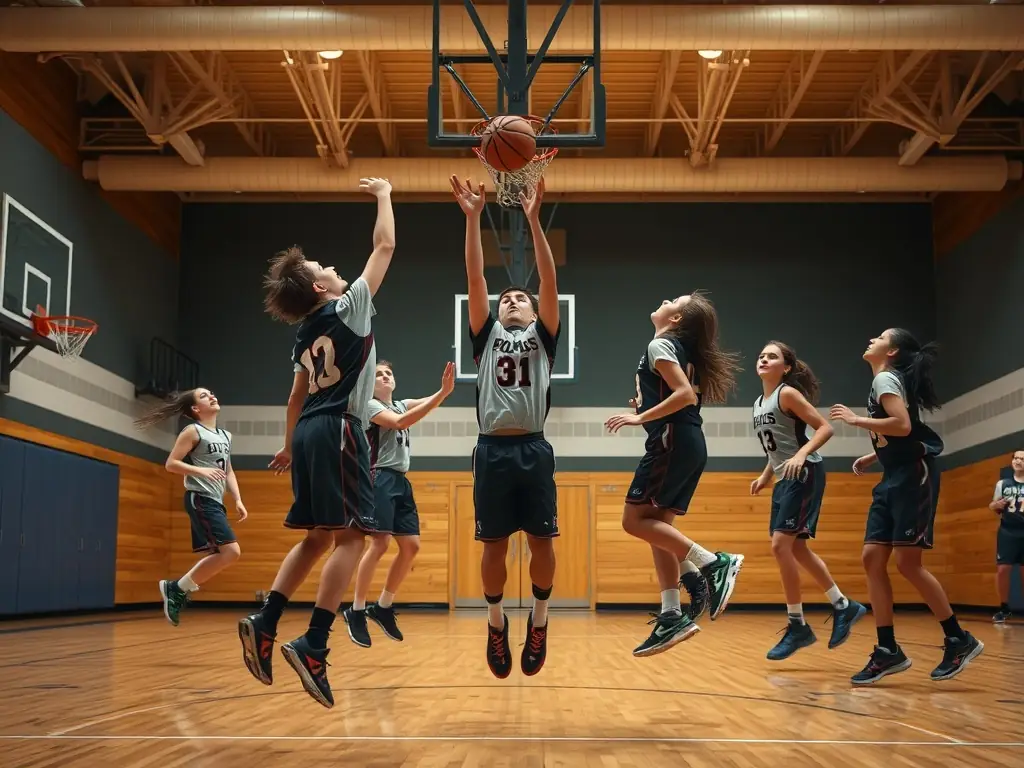 A group of students playing basketball in a school gymnasium, showcasing teamwork and active participation.