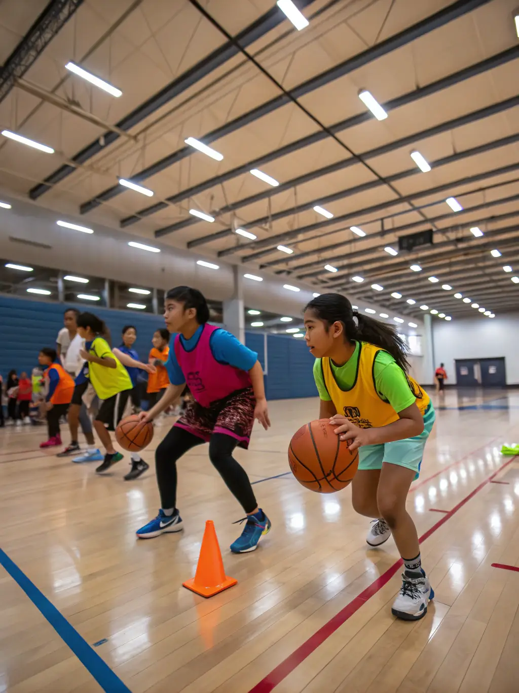 A group of students playing basketball in the school gymnasium, focusing on teamwork and coordination.