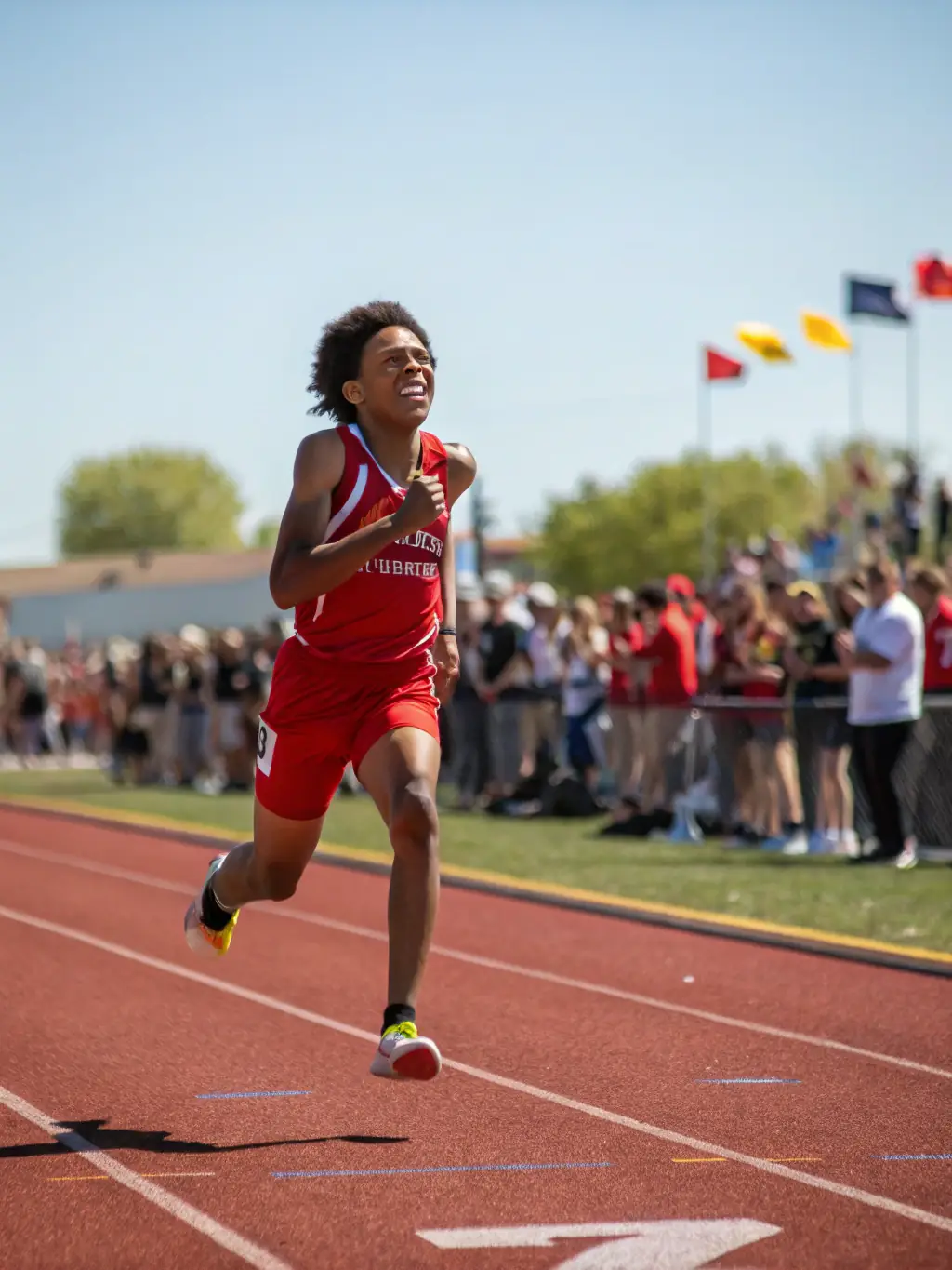 A student athlete smiling confidently while running on a track, representing the physical and mental benefits of sports at ASSOCIATION SPORTIVE DU LYCEE JEAN GUEHENNO.