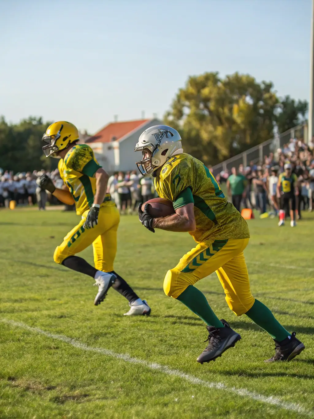 A group of students playing football on the school field, emphasizing strategy and physical fitness.