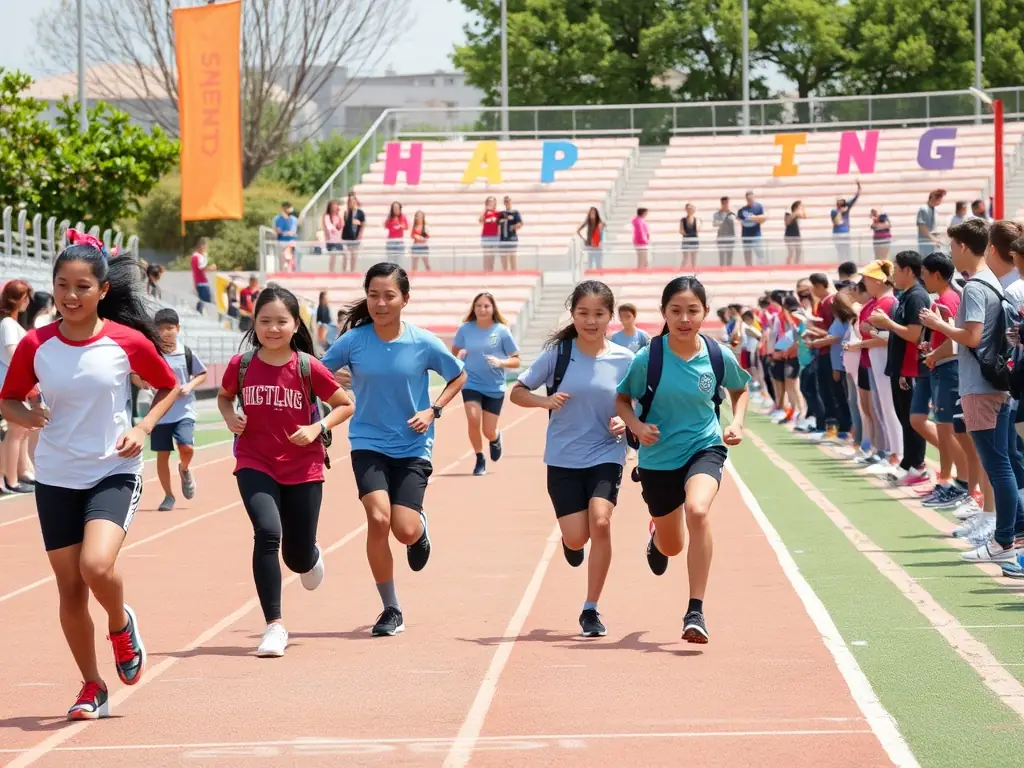 Students participating in a track and field event, running and jumping, demonstrating athleticism and determination.