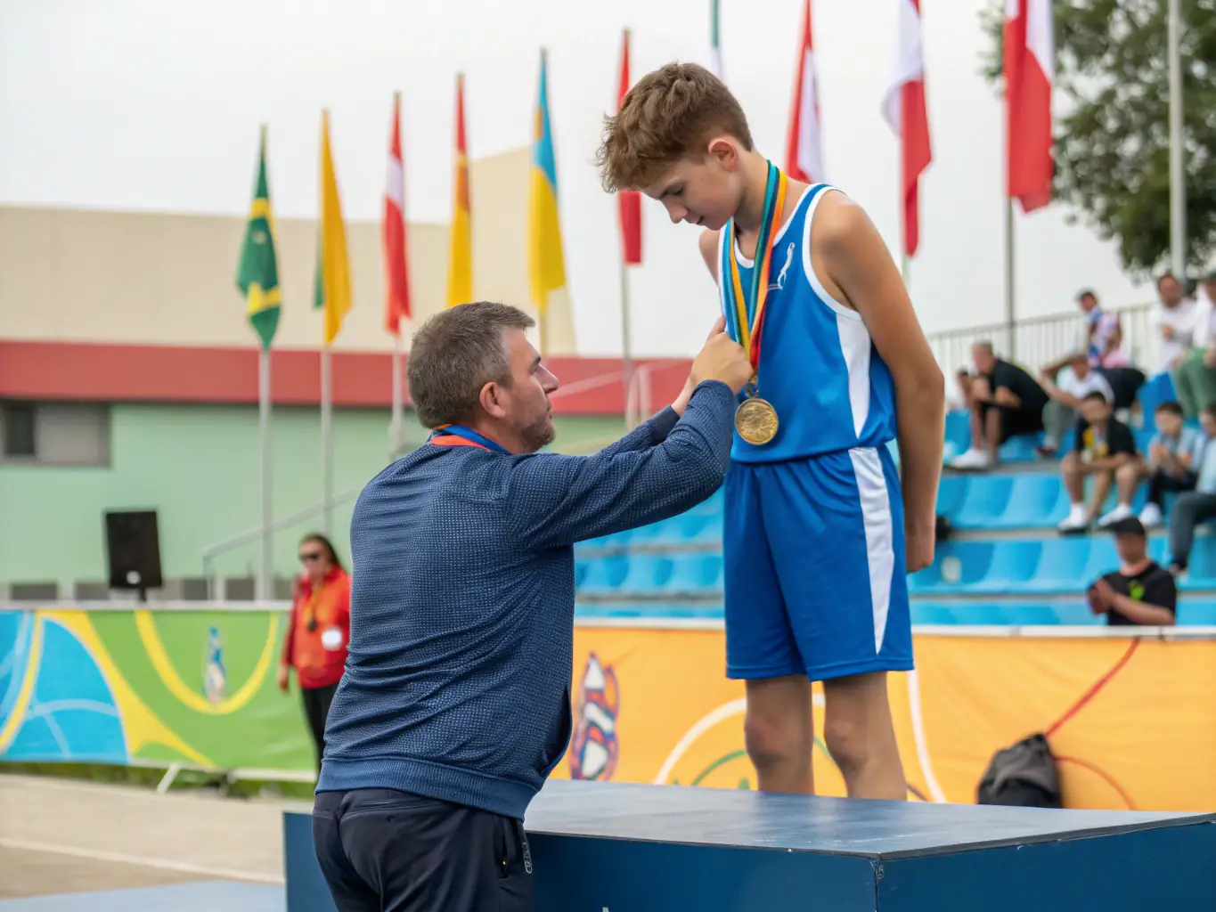 A student athlete proudly receiving a medal at a track and field event, symbolizing personal achievement and the association's commitment to excellence.