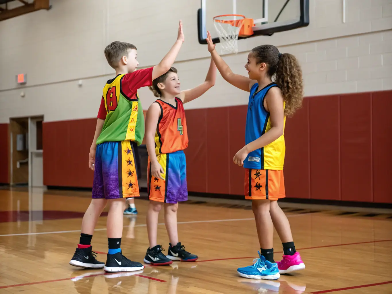 A group of students laughing and high-fiving after a basketball game, showcasing the camaraderie and teamwork fostered by the association.