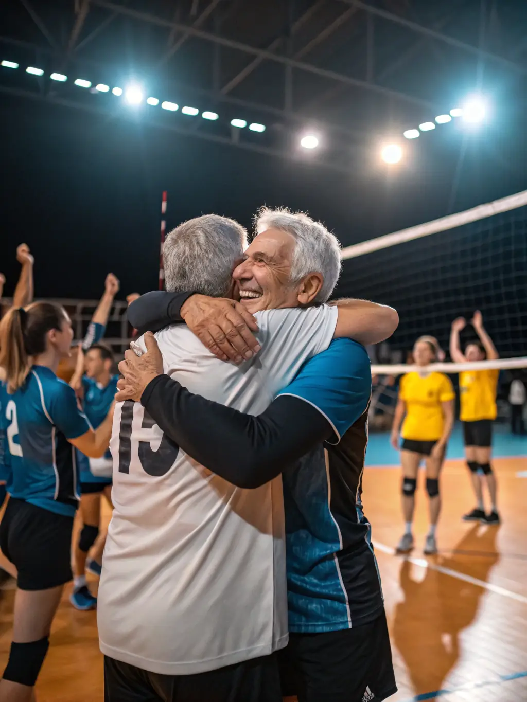 A group of students laughing and high-fiving after a successful volleyball game, showcasing teamwork and camaraderie within the ASSOCIATION SPORTIVE DU LYCEE JEAN GUEHENNO.