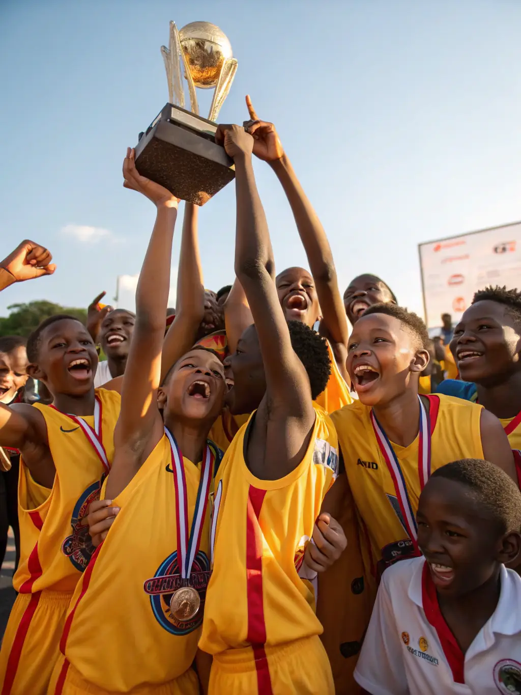A diverse group of students from ASSOCIATION SPORTIVE DU LYCEE JEAN GUEHENNO celebrating a victory, highlighting the inclusive and supportive environment.